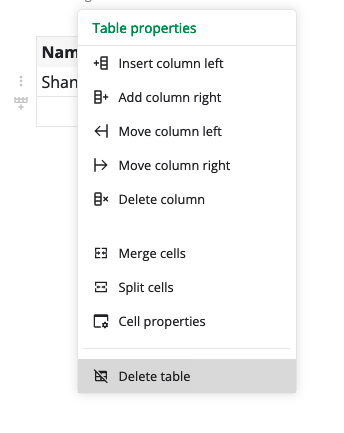 Delete a table from the notes editor