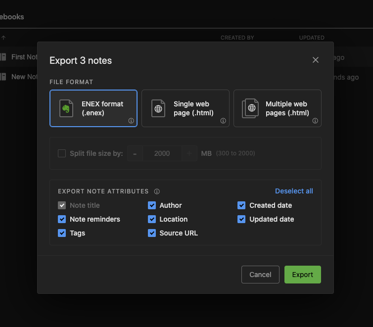 Choose `.enex` format and click on `Export`