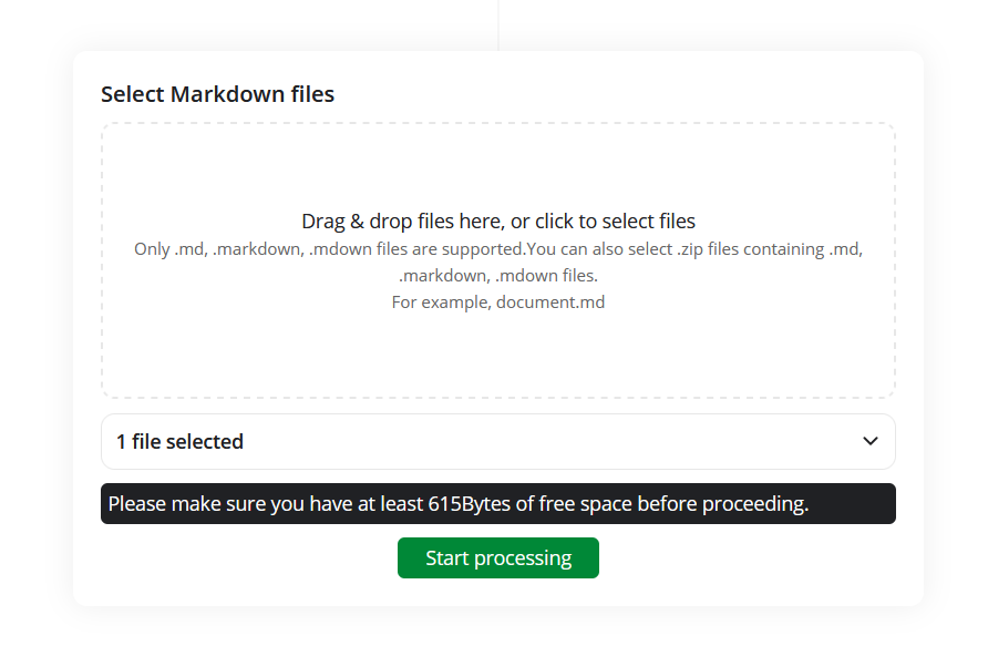 Drop your markdown files or click anywhere inside the box to browse and select your markdown files.